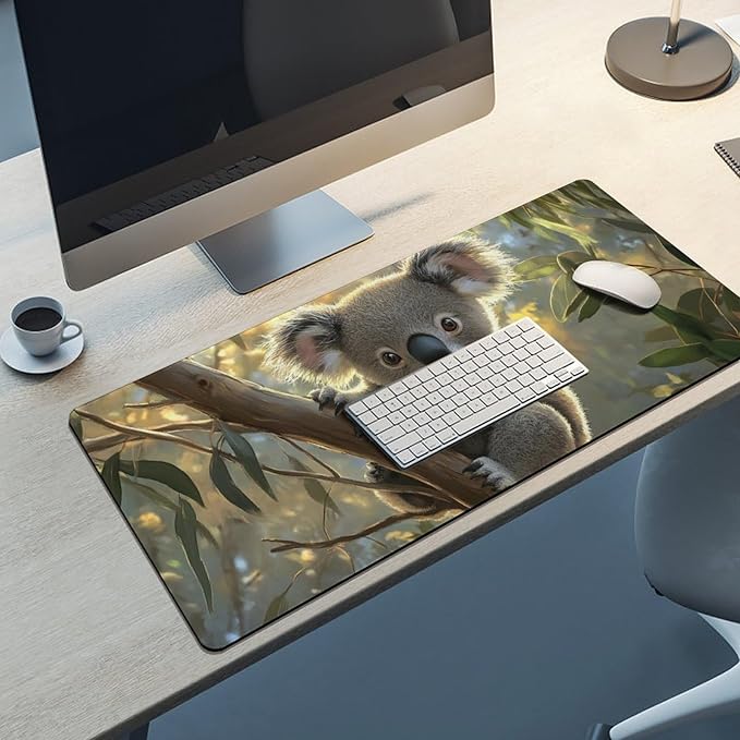 Large Ergonomic Gaming Mouse Pad Baby Koala on Eucalyptus Branch - Adorable Wildlife Theme with Non-Slip Base Water-Resistant Surface and Stitched Edges 40x90cm
