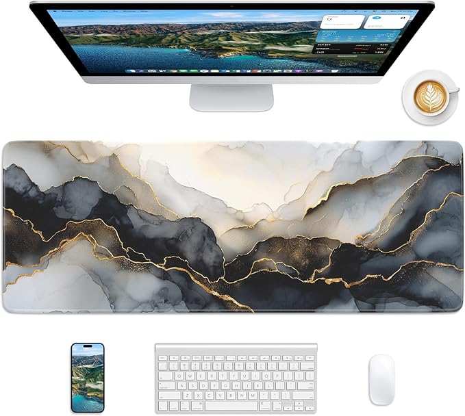 Black Marble Mouse Pad, 31.5 x 11.8 Large Desk Mat with Stitched Edges & Non-Slip Base, Mousepad for Office, Home, Work