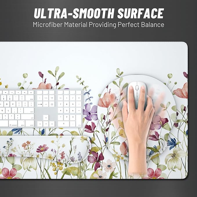 Ovenbird Mouse Pad Set 4-in-1 | Large Gaming Mousepad, Keyboard Wrist Rest, Mouse Wrist Support, Coaster | Ergonomic Office Desk Mat Accessories for Women Men | 4PCS, 35.4 x 15.7in, White Floral