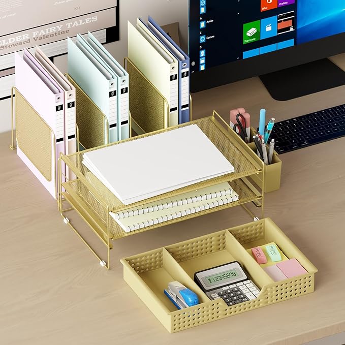 Gold Desk Organizer, Office Organization with Vertical File Holder, File Organizer with Drawer and Pen Holder, Desk Accessories and Workspace Organizers for Home Office (Gold)