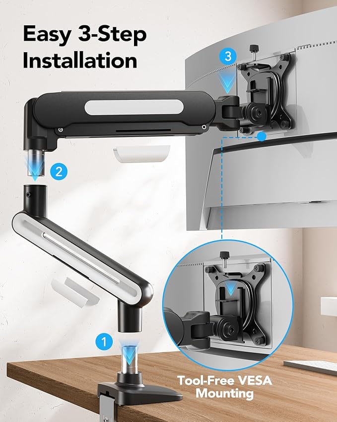 HUANUO Ultrawide Monitor Arm for 13 – 40" Screens, Single Monitor Mount Holds up to 26.4lbs, Adjustable Monitor Stand with C-Clamp & Grommet Base, VESA Mount 75x75mm/100x100mm