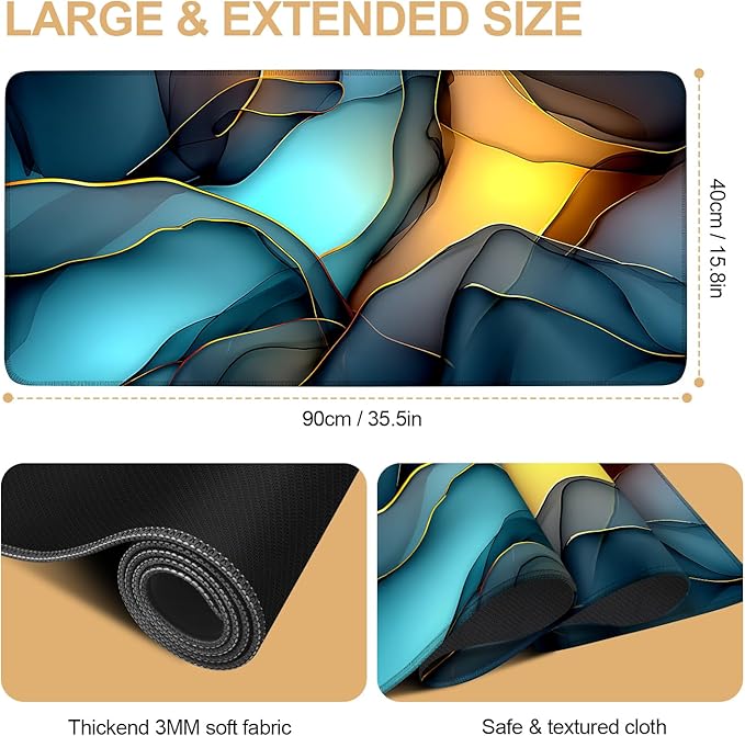 Large Mouse Pad & Keyboard Mat 35x16 Inches, Soft Blue Yellow Gradient Fluid Artistic Non-Slip Rubber Base Desk Mat, Large Extended Desk Protector for Home Office Gaming Setup
