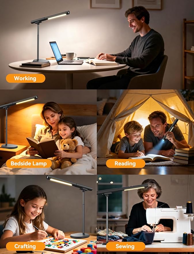 Cordless Desk Lamp, Magnetic LED Work Light, Rechargeable Battery Powered Lamp, Dimmable Brightness & 3 Color Modes, Wireless Table Lighting for Reading, Bed, Flashlight with Signal Light for Camping