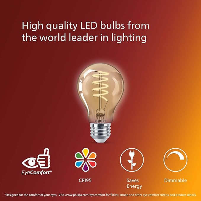 PHILIPS LED 60W A19 1-Pack Vintage Edison Spiral Amber (2000K) 400 Lumen (6.5W = 60W) Dimmable Flicker-Free Light Bulb