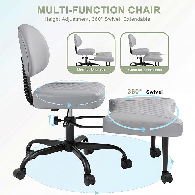 GUNJI Ergonomic Criss Cross Legged Office Chair, 360° Swivel Meditation Kneeling Chair with Wheels, ADHD Chair with Footrest, Lumbar Support, Wider Height Adjustable Seat (Grey, Faux Leather)