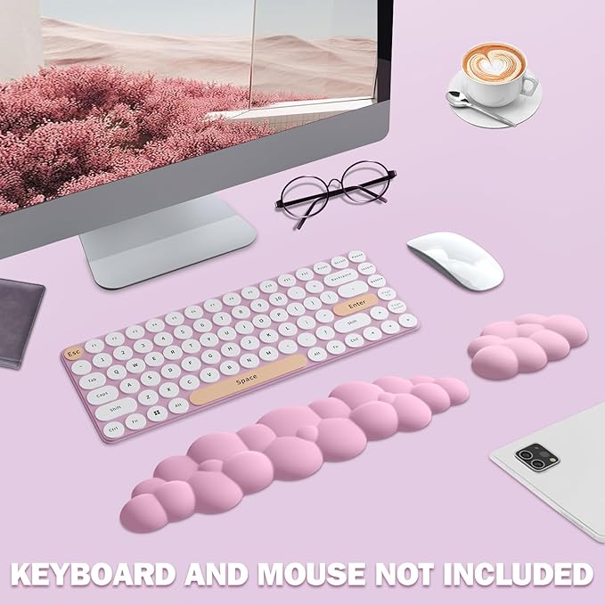 Cloud Keyboard Wrist Rest Pad Set, Enlarge PU Leather Memory Foam Cushion Support, Easy Typing, Mouse Rest Pad, Non-Slip Support for Home, Office, Pink