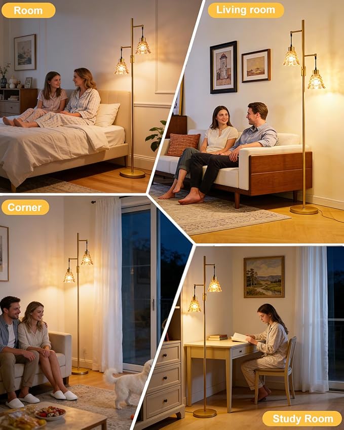 2-Light Modern Glass Floor Lamp, Gold Standing Lamp with Amber Shell Glass Shade, Dimmable LED Floor Lamp with Rotary Switch for Living Room Bedroom, Bulb Included