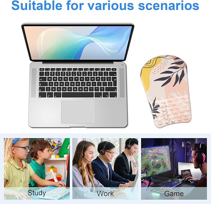Ergonomic Wrist Mouse Pad with Massage Design, Wrist Rest Mousepad with Memory Foam Non-Slip PU Base, Mouse Pad with Wrist Support for Wireless Mouse & Desk, Y Boho Leaves
