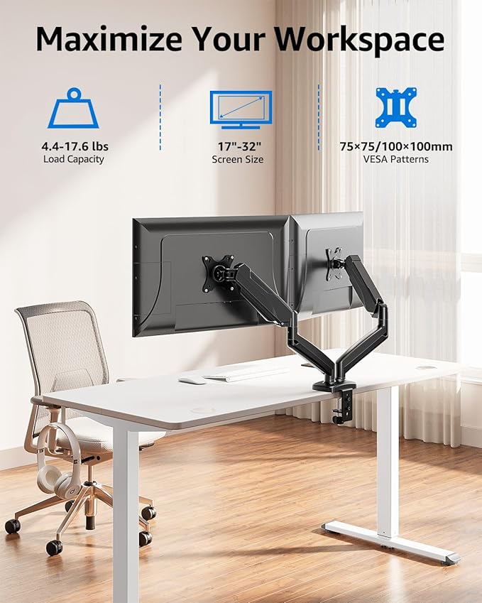 MOUNTUP Dual Monitor Stand for Desk, Monitor Arms for 2 Monitors 32 27 24 22 Inches, Height Adjustable Double Monitor Mount, VESA Mount with C-Clamp & Grommet Base, Holds 4.4-17.6lbs