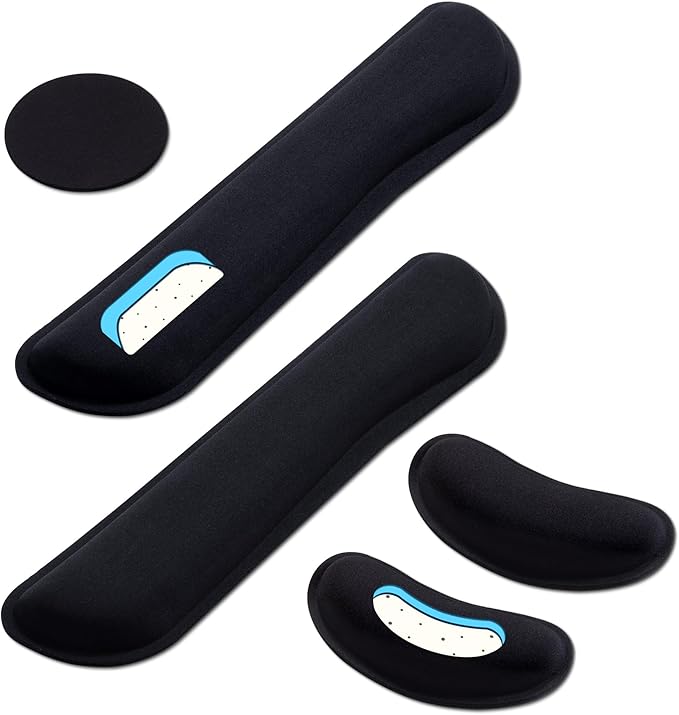 Leolee Gel Memory Foam Keyboard Wrist Rest, 5 in 1 Wrist Rest for Computer Keyboard and Mouse Set, Black Ergonomic Wrist Support with Non-Slip Base for Pain Relief, Typing, Gaming, Office