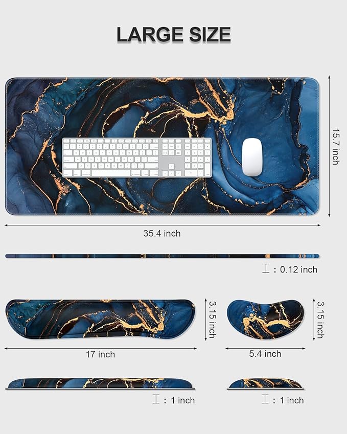 Auhoahsil Large Mouse Pad with Wrist Rests for Keyboard & Mouse, Thick Soft Ergonomic Memory Foam Wrist Supports, Big & Long Desk Mat 35.5 x 15.7 in, for Office Gaming Computer, Dark Blue Marble