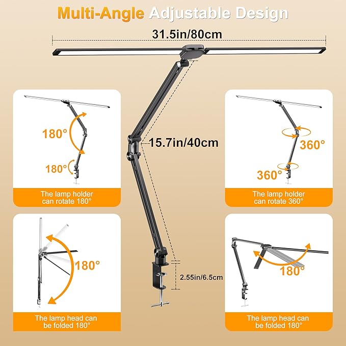 LED Desk Lamp for Office Home, 31.5" Architect Desk Light with Clamp Dual Screen Computer Monitor, 15W 5 Color X 10 Brightness Levels Desk Lamp for Reading, Study, 1000LM Bright, Memory Function