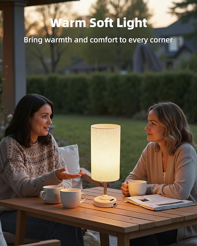 EZVALO Cordless Table Lamp, Ambient Light, Dimmable, Touch, Timer, 2700K, Bedroom, Portable, LED, Wireless, Rechargeable, Battery Operated, Desk Lamp, Fabric Shade, Wood-Grain Finish, Living Room