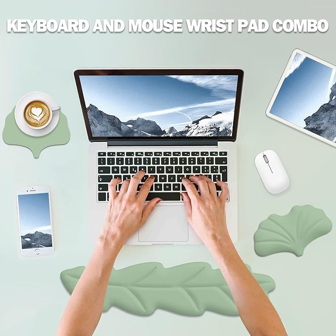 Keyboard Wrist Rest Pad Set, Leaf Shape PU Leather Memory Foam Wrist Cushion Support,Mouse Wrist Rest Pad,Non-Slip Wrist Support for Easy Typing, Green Leaf