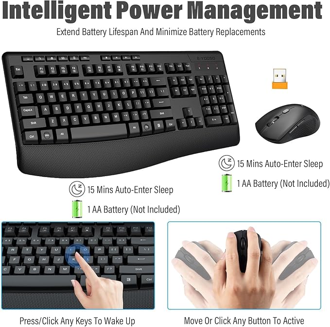 Wireless Keyboard and Mouse Combo,Silent Soft Touch Quiet Keyboard Less Noise 90%,Ergonomic with Wrist Rest,2.4GHz 104 Keys Full Size,2400 DPI Mouse,for Office/Work/Home/PC Computer/Laptop/Mac,Black