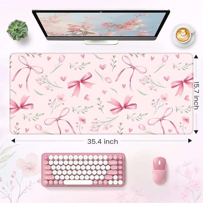 HAOCOO Pink Coquette Desk Mat for Keyboard and Mouse,Cute Floral Large Mouse Pad,Non-Slip Waterproof Desk Pad,Computer Mat with Edge Stitching for Office (Love Bow)