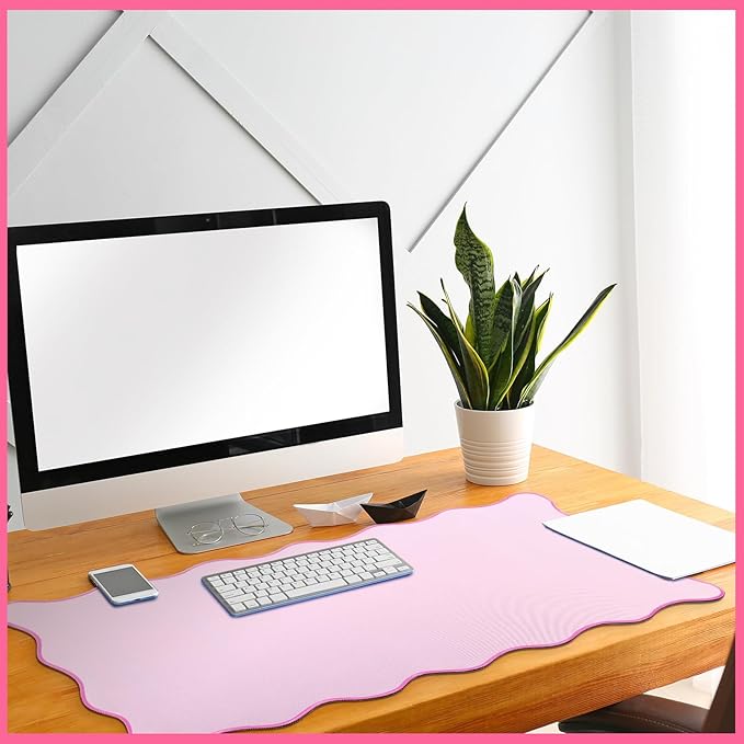 Scalloped Desk Mat Large Scalloped Piping Cute Desk Mat Aesthetic Preppy Table Pad Large Nonslip Pad with Edge Stitching Waterproof Gaming(Pink,36 x 17 Inches)