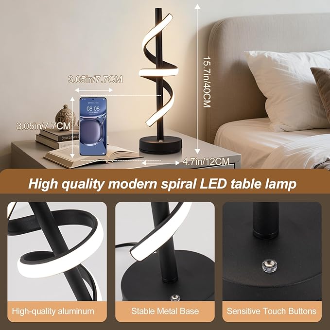 LED Modern Table Lamp, Dimmable Spiral LED Table Lamp, 3 Colors Touch Control, Modern Nightstand Lamp with USB/Type C for Bedroom Living Room