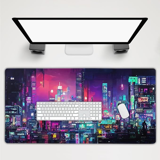 aportt Retro Japanese Anime Gaming Mouse Pad Extended Cool Dark Purple Red Vaporwave City Large Desk Mat Big Mousepad Non-Slip Rubber Base Stitched Edge Long Desk Pad for Desktop Computer,40×20 Inch