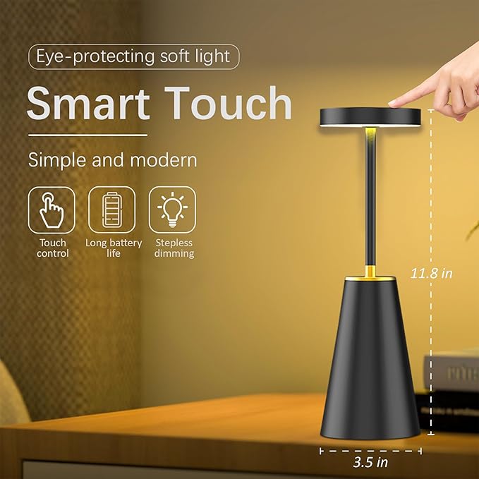 LED Wireless Table Light - USB-C Rechargeable Lamp Cordless - Touch Sensor - Dimmable Portable - 3 Brightness Modes - for Nightstand Restaurant Office Desk Indoor Outdoor - Black