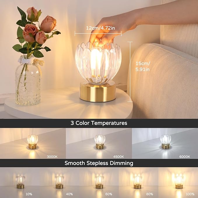 Cordless Small Table Lamp with 5200mAh Battery & Touch Control, Battery Operated Tulip Table Lamp with 3 Colors, Rechargeable Mini Table Lamps for Bedsides, Bedroom, Nightstand (Transparent)