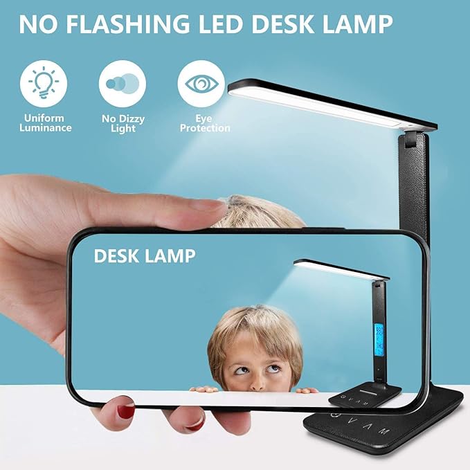 Desk Lamp with USB Charging Port,Wireless Charger LED Desk Lamp,Adjustable Foldable Table Lamp with Clock, Alarm, Date,5 Levels Dimmable Lighting,Home Office Lamp for Studying, Reading,Working (Black)