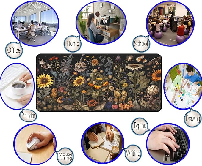 Retro Mouse Pad XXL， Flower Sunflower Plant Desk Mat, Long Computer Mat, Gaming Mouse Keyboard Mats, Full Desktop Protector, Nature-Inspired Decoration Home Office Desk Accessory 31.5" x 15.7"
