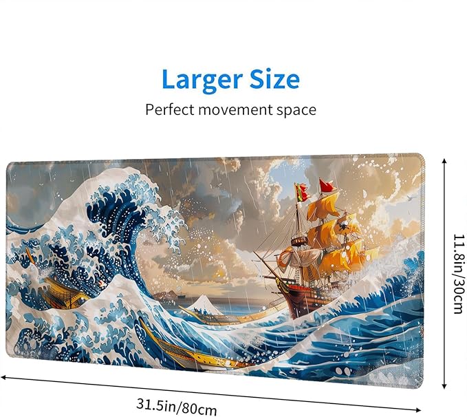 Anime Pirate Ship Desk Pad Mouse Pad The Great Wave Off Kanagawa Mouse Pad Large Mousepad Extended Laptop Keyboard Mat Gaming Desk Pad Mouse Mat Office Computer Keyboard Laptop Home 31.5"x11.8"