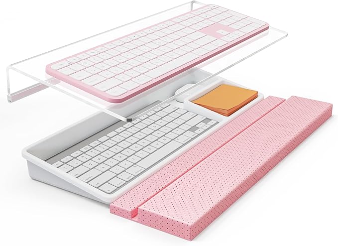 3 in 1 Keyboard Stand w/Wrist Rest and Storage Tray - Klearlook [Ultra Comfortable] PU Leather Wrist Pad & Acrylic Keyboard Riser, 16.9x7.3 inch Tilt Adjustable Computer Keyboard Stand Holder-Pink