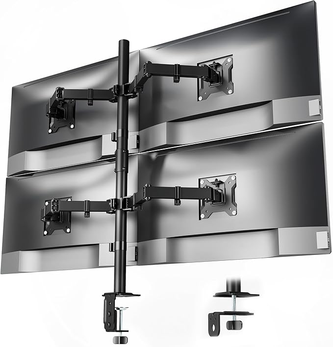 monTEK Quad Monitor Stand Mount, Fully Adjustable Desk Mount for 4 Screen up to 17”-32” and 22lbs Capacity Each Arm, Stable Monitor Arm with C Clamp and Grommet Base, VESA 75x75mm/100x100mm