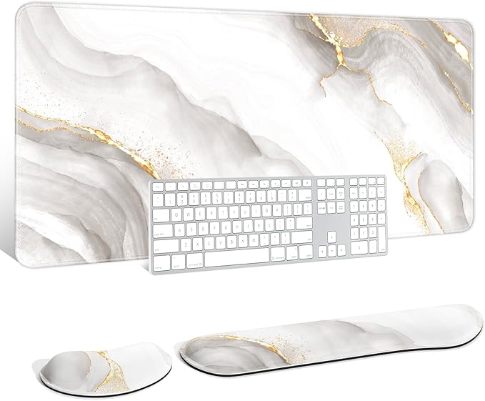 Auhoahsil Large Mouse Pad with Wrist Rests for Keyboard & Mouse, Thick Soft Ergonomic Memory Foam Wrist Supports, Big & Long Desk Mat 35.5 x 15.7 in, for Office Gaming Computer, White Gold Marble