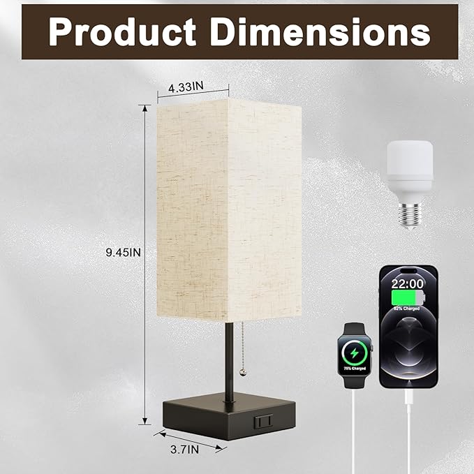 Table Lamp for Bedroom,Nightstand Lamp for Bedside with AC Outlets,Adjustable 3color LED Light Desk Lamp for Home Decor,Included Bulb and Lamp Shade (Linen White-onlyAC, 2PCS)