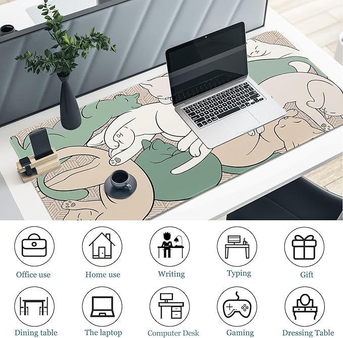 Desk Pad Cat, Desk Matt for Desktop, Cute Sleeping Cat Gaming Mouse Pad Extend XXL Large Desk Mat Anti-Slip Stitched Edges Waterproof Computer Laptop Keyboard Mat for Game, Home, Work, Office