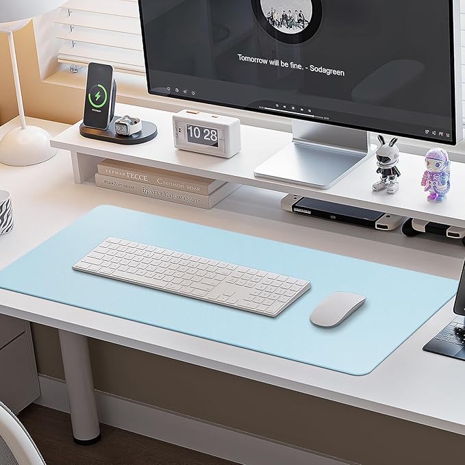 Boutilon Leather Desk Pad Protector,Non-Slip Mouse Pad,Laptop Desk Pad,Office Mouse Mat,Waterproof Leather Desk Blotter,Desk Writing Pad for Office and Home (XL-Light Blue,35.4"x 15.7")