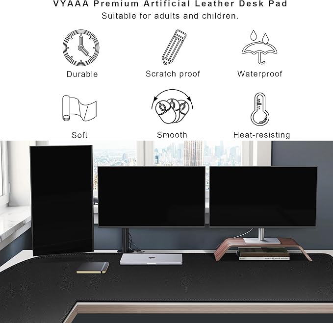 Vyaaa L Shaped Leather Desk Pad, 59" x 59" x 19.6" Large PU Leather Corner Desk Mat for Computer, Gaming, Writing, Home and Office（ Black）