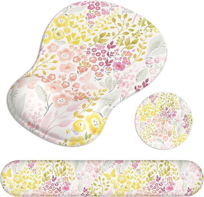 Ergonomic Mouse Pad with Wrist Rest and Keyboard Wrist Rest, Gel Mousepad and Wrist Rest for Computer Keyboard, Non-Slip PU Base, Mouse Pad Wrist Support for Gaming, Pink Yellow Flowers