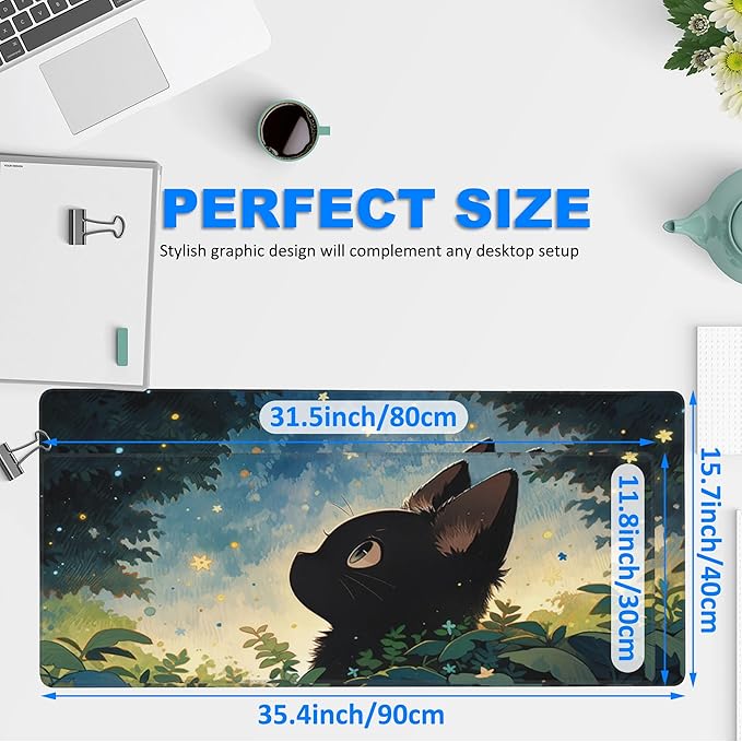 Desk Pad, Anime Cute Black Cat Extended Gaming Mouse Pad Large, 31.5"x11.8" Big Mouse Pad with Non-Slip Base and Stitched Edge, Long Computer Keyboard Mouse Mat for Home Office Work
