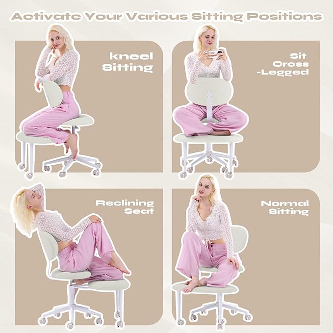 Ergonomic Cross Legged Office Chair with Wheels, Focus-Friendly Chair for Adults, Meditation Chair, Yoga Office Chair, Comfortable Lumbar Support, Height Adjustable, Small Spaces, Teddy Fabric, White