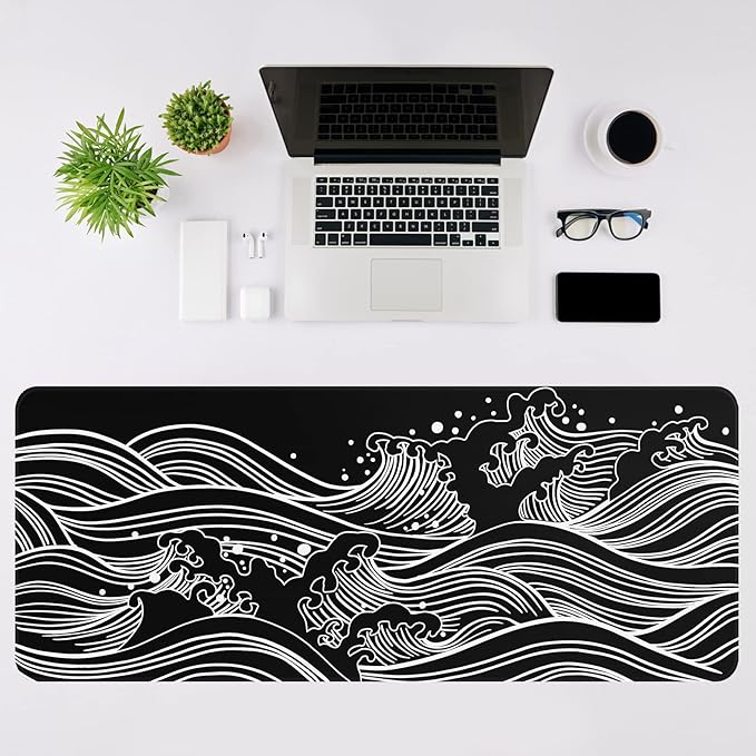 Gaming Mouse Pad - Large 31.5 x 11.8 in Black and White with Stitching Edges, Non-Slip Rubber Base Large Mouse Mat and Keyboard Pad (Sea Wave)
