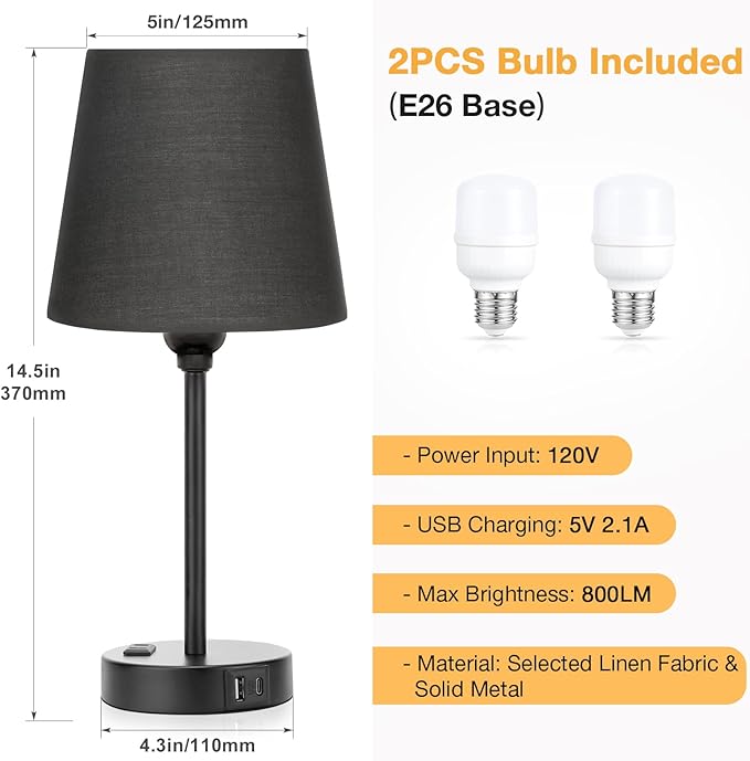 Acaxin Black Lamp for bedrooms Set of 2 - Nightstand Bedroom Lamp with USB C Port and AC Outlet Charging, 3 Way Dimmable Touch Control Bed Side Table Lamp, Small Night Stand Light for Men/Kids