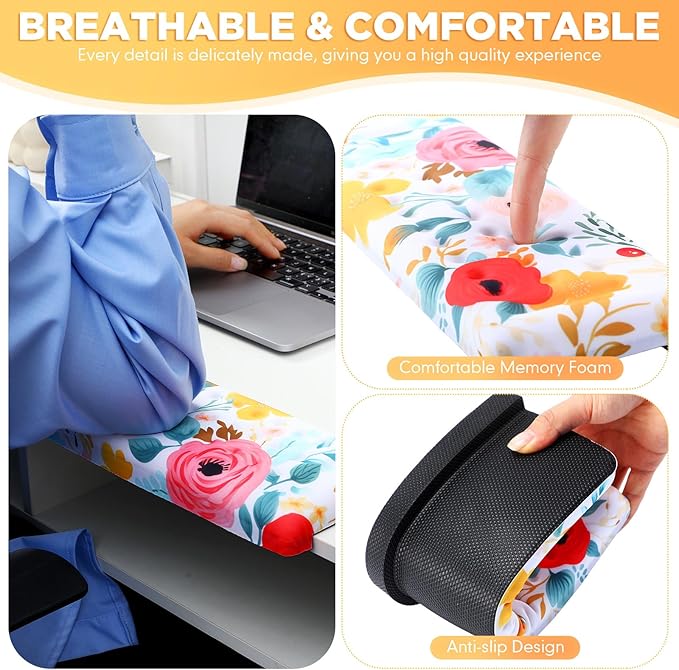 2 Pcs L-Shaped Desk Wrist Rest Elbow Pad Set Desk Edge Rest Cushion Non-Slip Memory Foam Arm Padding Wrist & Forearm & Elbow Comfort Support for Table or Table Edge (Watercolor Flowers)