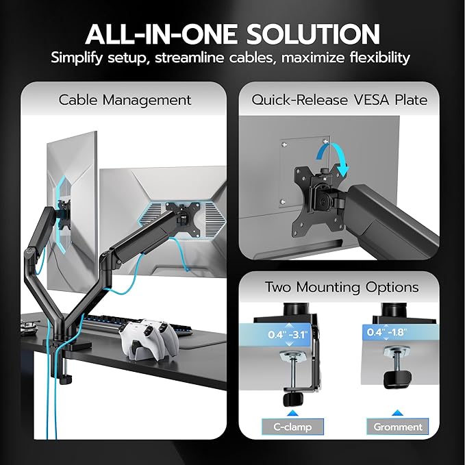 ARES WING Dual Monitor Mount, Heavy Duty Monitor Arms for 2 Monitors for 17-35 Inch, Fully Adjustable Monitor Desk Stand with USB A/C for Ultrawide Screen, VESA 75x75 or 100x100mm, Black