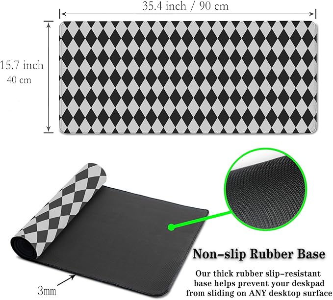 Computer Mat Black and White Desk Mat Large, Big Mouse Pad Gaming Desk Mats, Mouse Pad Gaming Non-Slip Rubber Base Waterproof with Stitched Edges, 35.4" X 15.7" for Work/Game/Office Diamond
