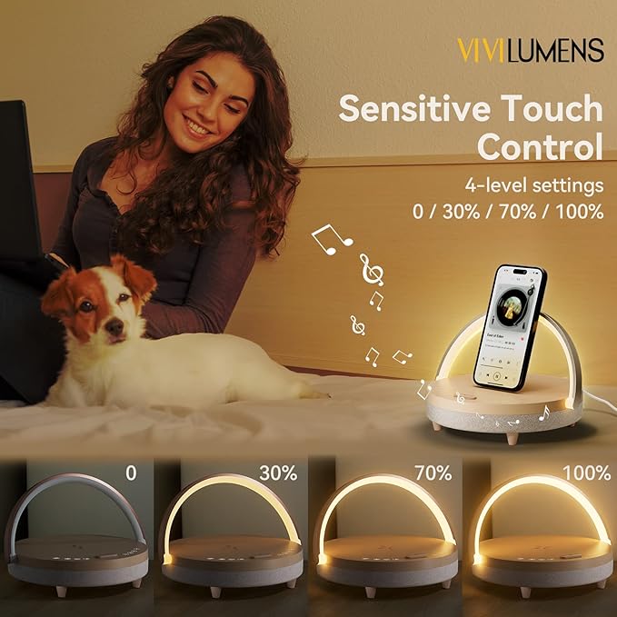 Vivilumens Birthday Gifts for Women 6 in 1 Bedside Lamps with Wireless Charger Bluetooth Speaker White Noise Machine Timer Setting Dimmable Touch Personalized Night Light with Phone Holder(Pink