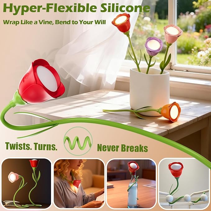 Rose Flower Lamp Rechargeable Reading Light for Bed,3-Color Modes Adjustable Brightness Small Night Light Neck Reading Light,Festival Gifts for Kids Mom Girlfriend Grandma(Red)