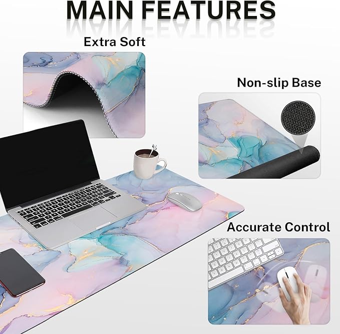 Arttown Pink Blue Desk Mat Marble Mouse Pad Set 4 in 1 Purple Gold Gradient Ergonomic Design Large Desk Pad + Keyboard Wrist Rest + Mouse Wrist Rest + Coaster Suitable for Home Office Study Game