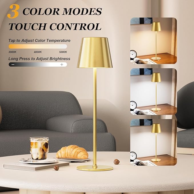 Cordless Table Lamp Rechargeable Gold - KK 2 Pack 5000mAH Battery Operated Lamp for Dining Table, 3 Color Stepless Dimming Waterproof LED Wireless Lamp for Counter, Outdoor Patio, Touch Control