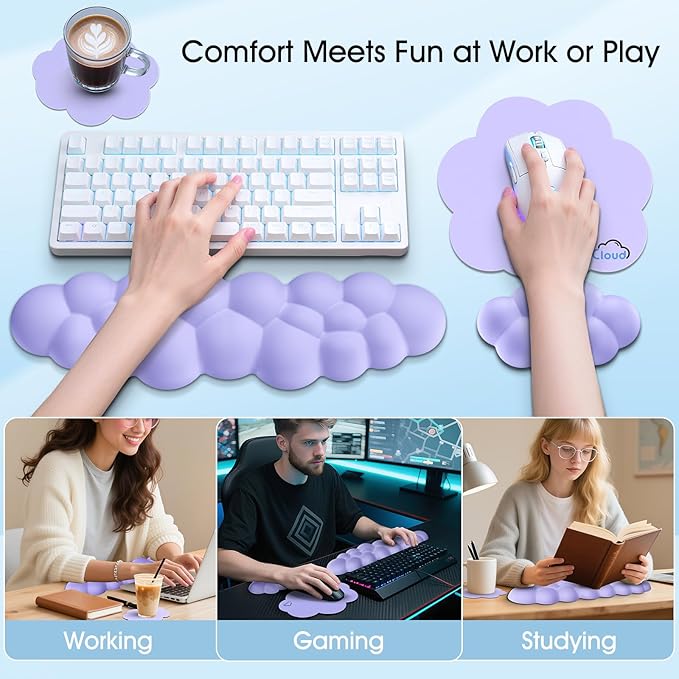 Cloud Wrist Rest Keyboard Cushion, 4-in-1 Ergonomic Cloud Keyboard Wrist Rest and Mouse Pad Set with Memory Foam Arm Support for Palm, Cute Desk Accessory for PC Gaming Setup, Purple