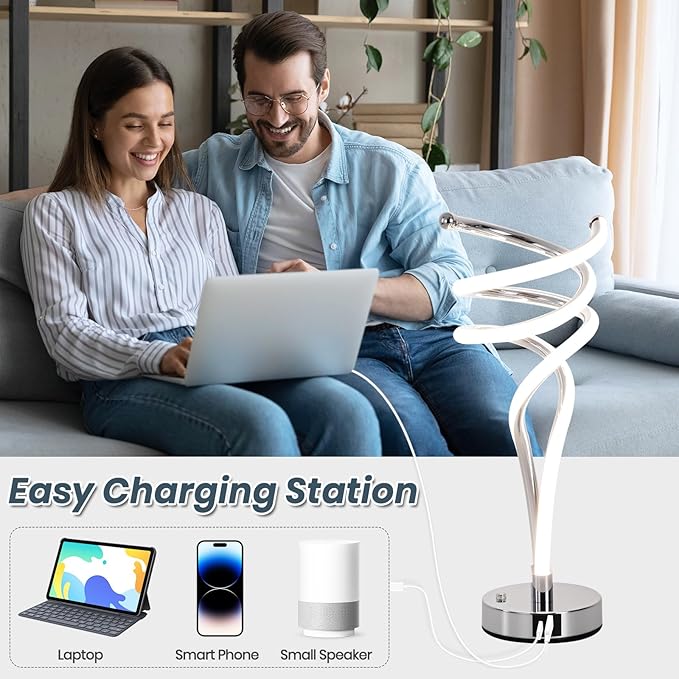 ElDISUNY Modern LED Table Lamp, 3 Color Temperatures,Touch Control CurveDimmable Bedside Table Lamps with USB Ports, Touch Control LED NightstandLamp, Desk Lamp for Living Room, Bedroom -Silver