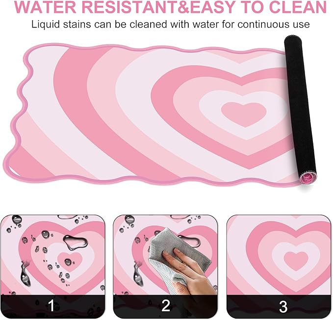 L-SPOUTTO Pink Mouse Pad,Cute Desk Mat XXL Large Scalloped Gaming Mousepad,35.4x15.7in Non-Slip Rubber Base Keyboard Pad Waterproof Desktop Mat for Laptop Computer Work Game Home Office-Pink Heart